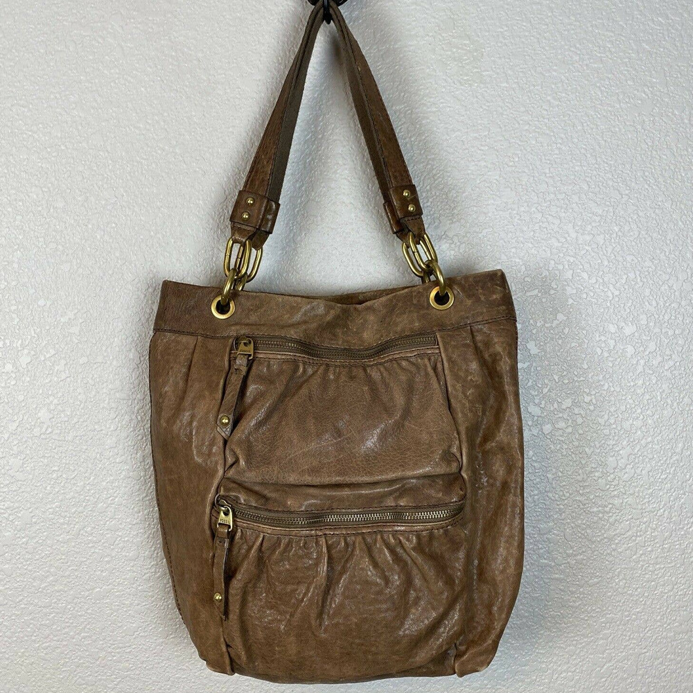 Fossil Womens Long Live Vintage 1954 Shoulder Tote Bag Purse Brown Leather